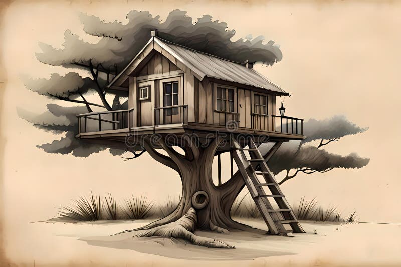 Treehouse - Wooden tiny house on the tree branches vector illustration