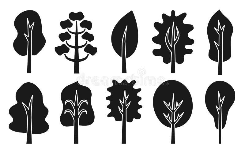 Trees abstract silhouette glyph black flat set stock illustration