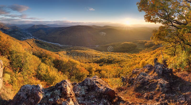 Trees, covered with yellow and scarlet leaves, on which falls warm light of the setting sun, high in the mountains. Autumn village