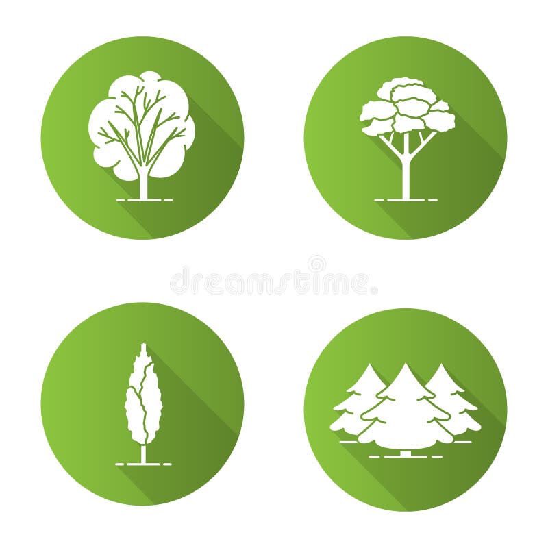 Trees flat design long shadow glyph icons set vector illustration