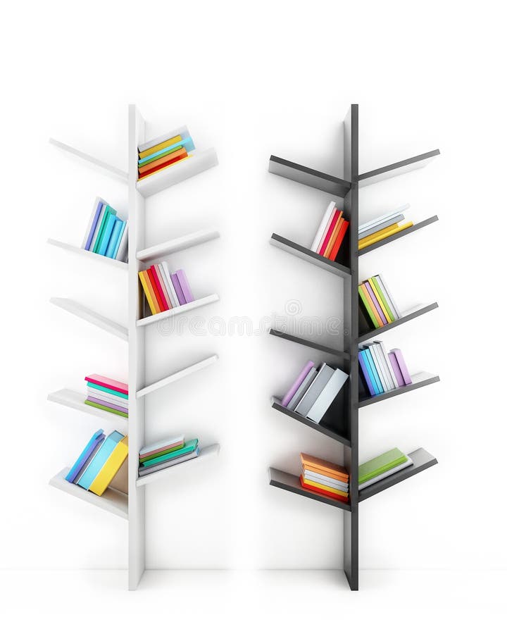 Trees of knowledge, shelves with multicolor books isolated on white background royalty free illustration