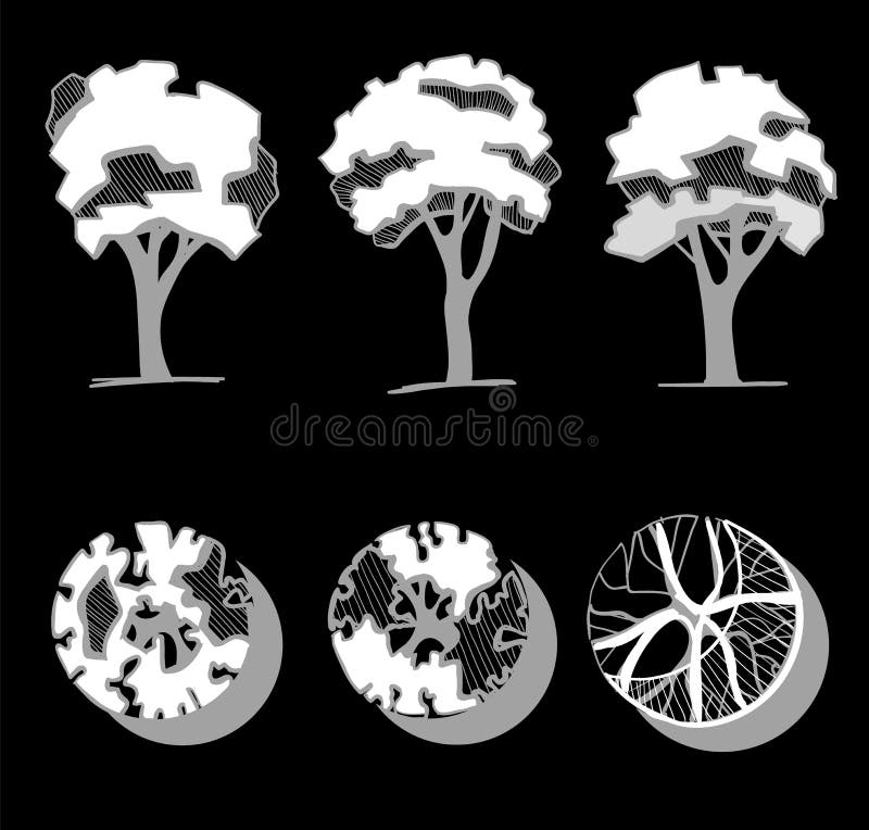 Trees for a landscape design. Different hand drawn trees isolated on black background, sketch, architectural drawing vector illustration Trees for a landscape design. Different hand drawn trees isolated on black background, sketch, architectural drawing vector illustration