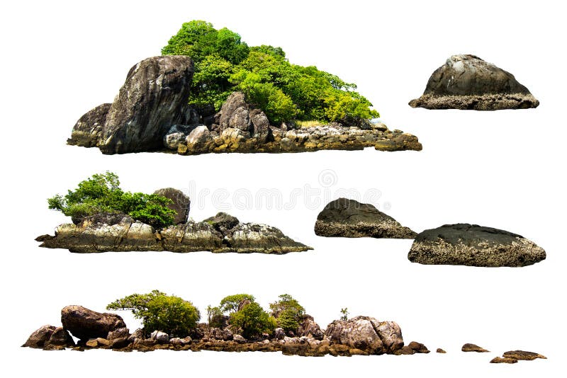 The trees. Mountain on the island and rocks