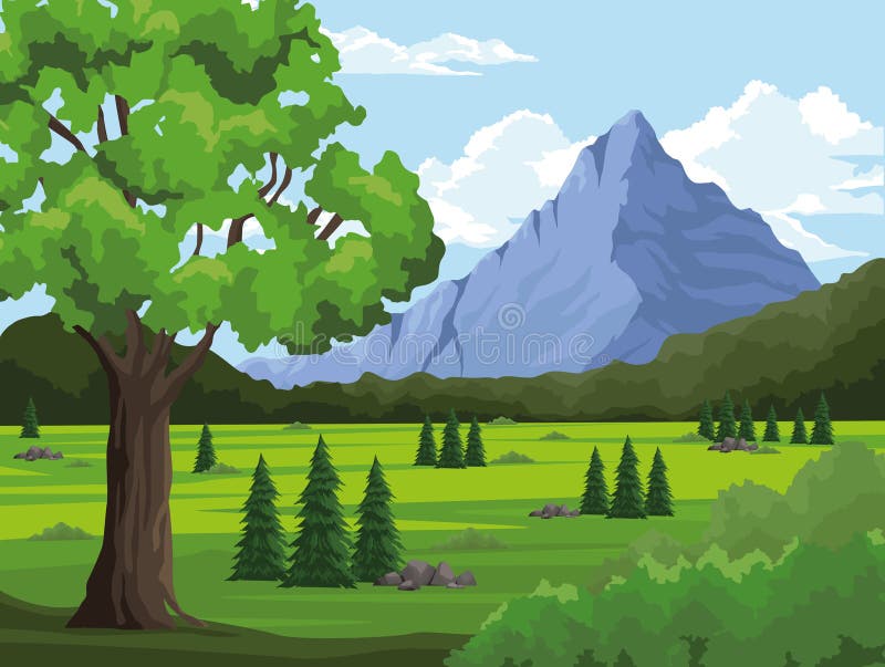 Trees and mountain scene stock illustration