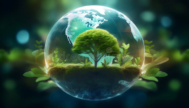 Trees and plants growing inside a transparent globe symbolize environmental conservation and the importance of nature stock illustration