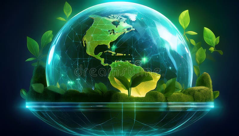 Trees and plants growing inside a transparent globe symbolize environmental conservation and the importance of nature.