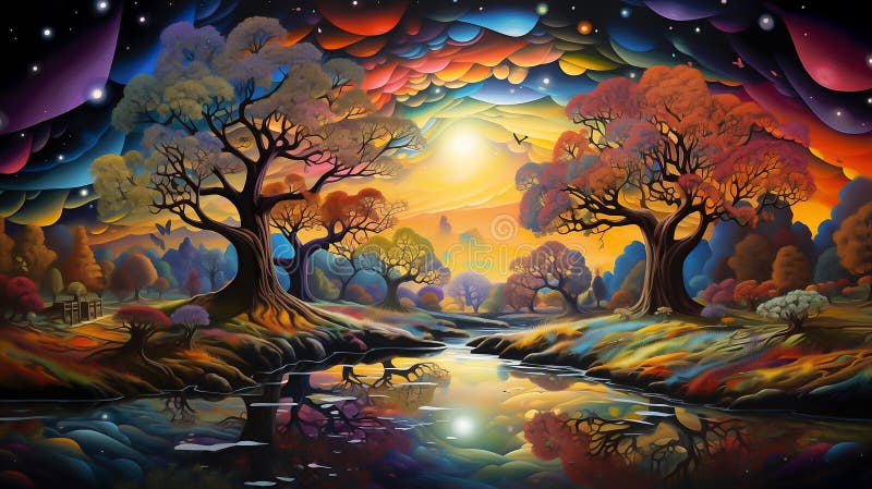 Trees and water under their leaves stock illustration