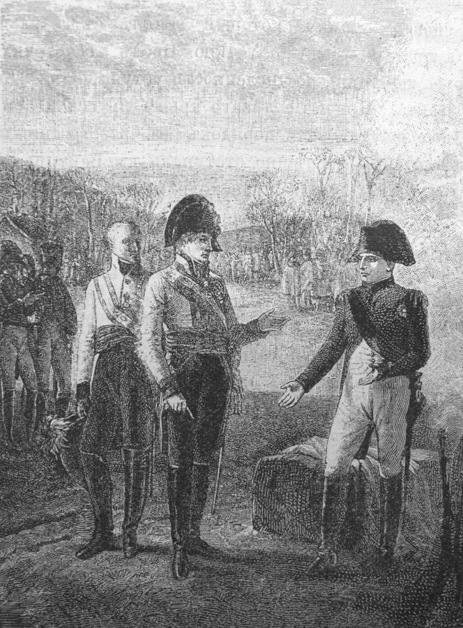 Treffen von Kaiser Franz II und Napoleon am austerlitz. von prudhons Gemälde im alten Buch Die Geschichte von Napoleon I durch Pip