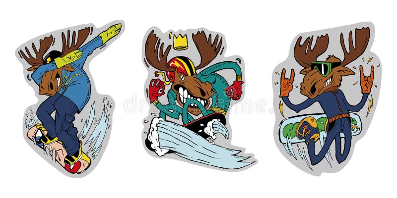 Trei amatori de elani de schi sportiv de iarnă și snowboarding. autocolante cu ilustrații color pot fi utilizate în publicitate și royalty free illustration