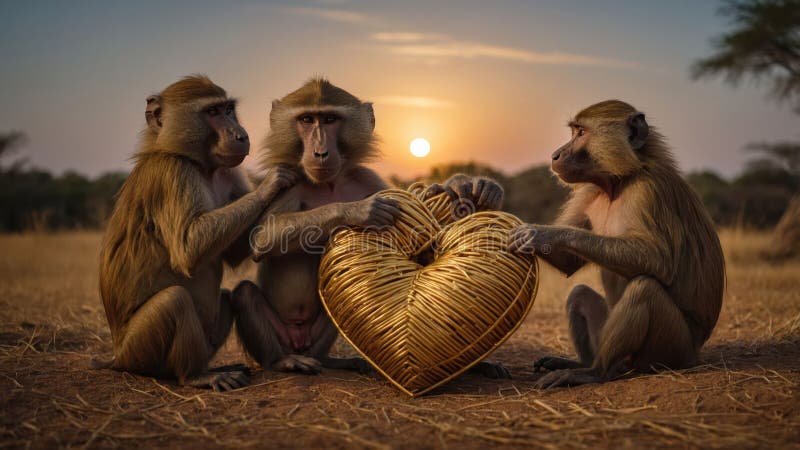 Trei babuini Împărtășind o inimă de aur la apus stock illustration