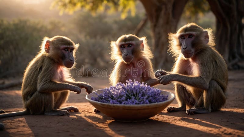 Trei babuini înconjurați de un bol de levănțică la apus stock illustration