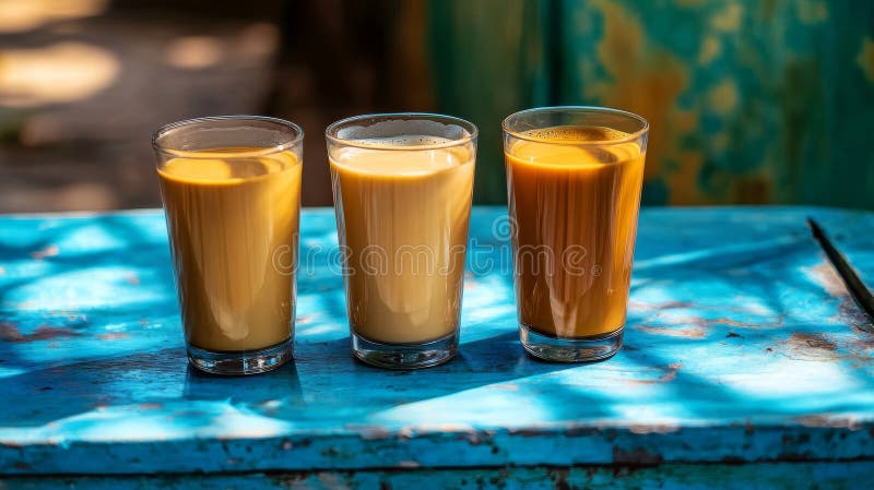 Trei cești de cafea stau pe o masă rustică de plastic afară, în lumina soarelui. stock images