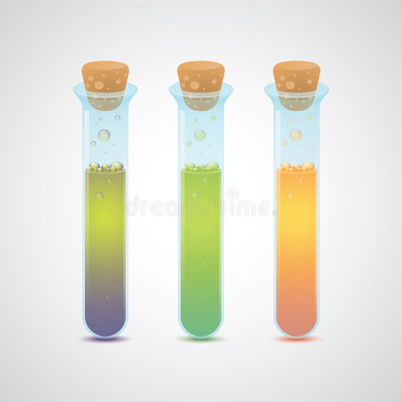 Trei culori diferite pahare de laborator realiste cu lichid strălucitor și bule. laborator chimic. stock illustration