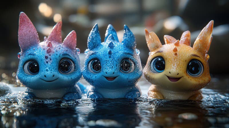 Trei dragoni adorabili stilizați într-o piscină mică de apă. Culorile lor vibrante și ochii mari creează un joc și capricios stock illustration