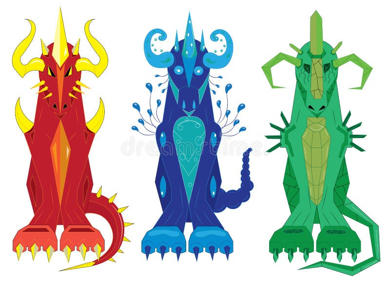 Trei dragoni de apă de foc totem și piatră vector illustration
