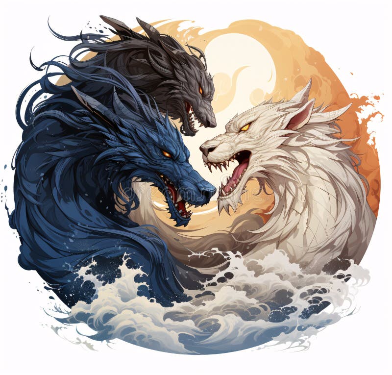 Trei dragoni mitici de apă plutesc deasupra unei mări furtunoase vector illustration