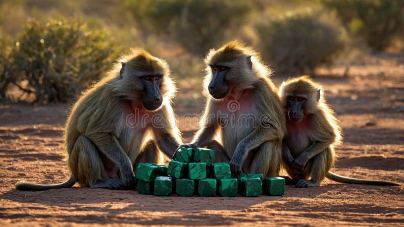 Trei Hamadryas babuini joc cu verde cuburi la apus în african savana royalty free illustration