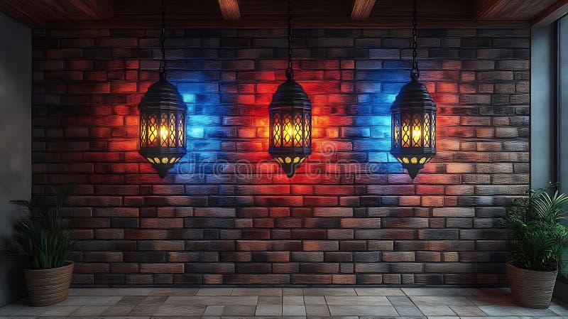 Trei Lanterne Iluminate Atârnă De Zidul Cărămizilor royalty free illustration