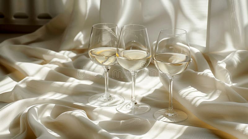 Trei pahare de vin rafinate umplute cu vin alb, pe o țesătură de mătase moale, cu flori vector illustration