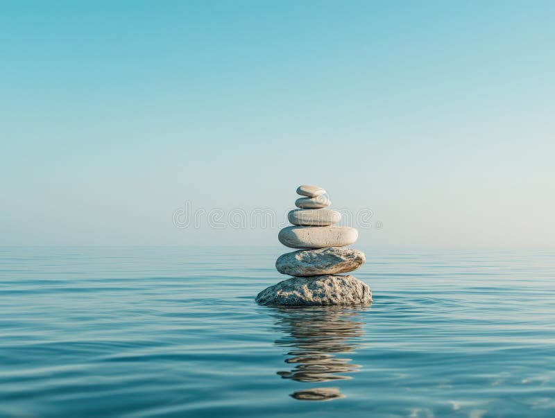 Trei pietre negre sunt stivuite cu grijă în apă calmă royalty free stock image
