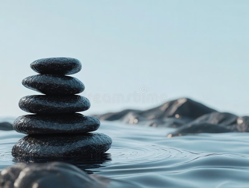 Trei pietre negre sunt stivuite cu grijă în apă calmă. În apa calmă, trei stânci netede se așează armonios unul peste altul, creând o formație frumoasă și echilibrată generată de AI