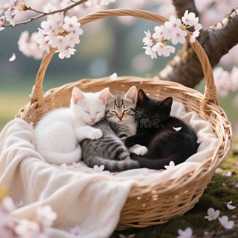 Trei pisicuțe dorm sănătos într-un coș cu flori de cireș alb tabby și negru pisicuta scena de primăvară 8K stock images