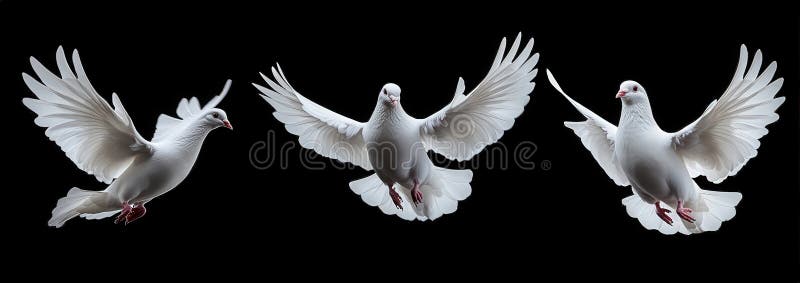 Trei porumbei albi zboară în direcții diferite pe fond negru royalty free stock photography