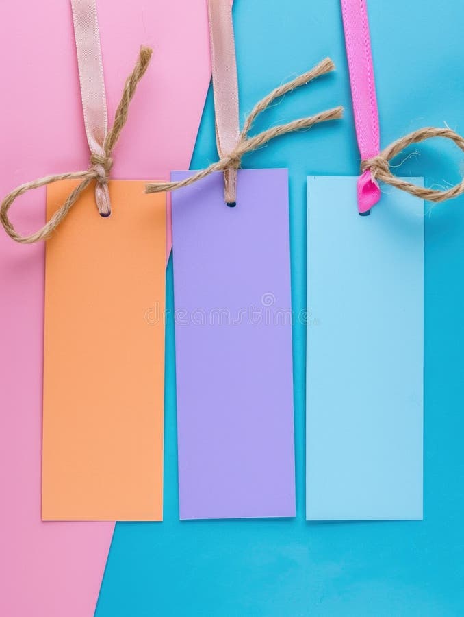 Trei semne de carte colorate cu culori diferite și o panglică roz stock images