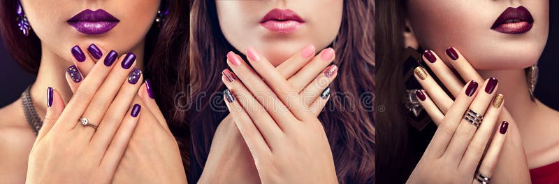 Trei înfățișări de femeie frumoasă, cu machiaj perfect și manichiură. proiectare unghii. modă stock photography