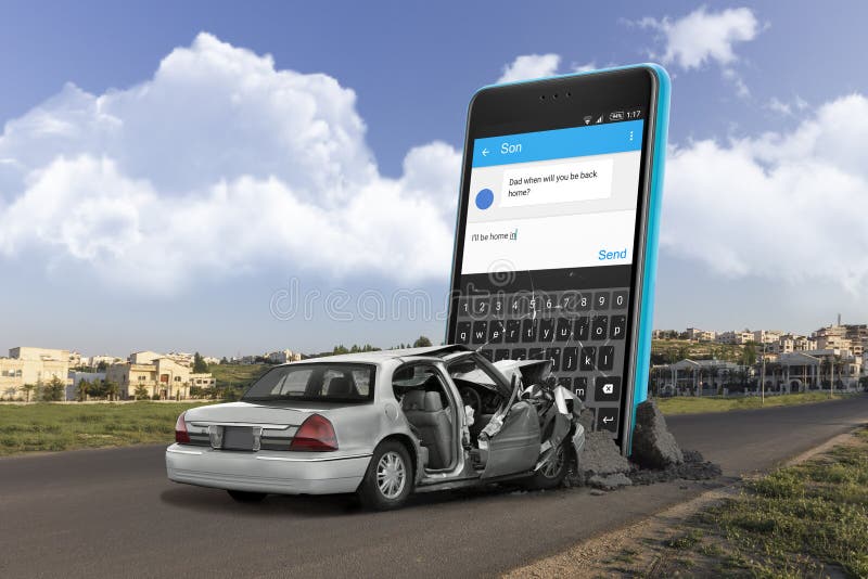 Mobile phone popping from the ground in middle of the street hit by a car representing car accidents from texting. Mobile phone popping from the ground in middle of the street hit by a car representing car accidents from texting