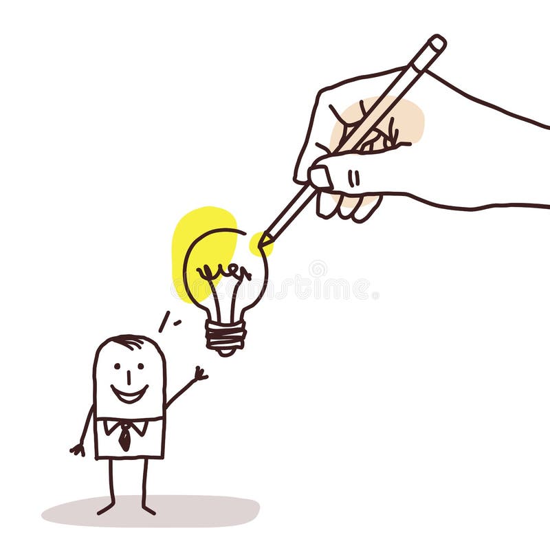 Trekkend Grote Hand - Beeldverhaalzakenman met Gloeilamp vector illustratie Trekkend Grote Hand - Beeldverhaalzakenman met Gloeilamp vector illustratie