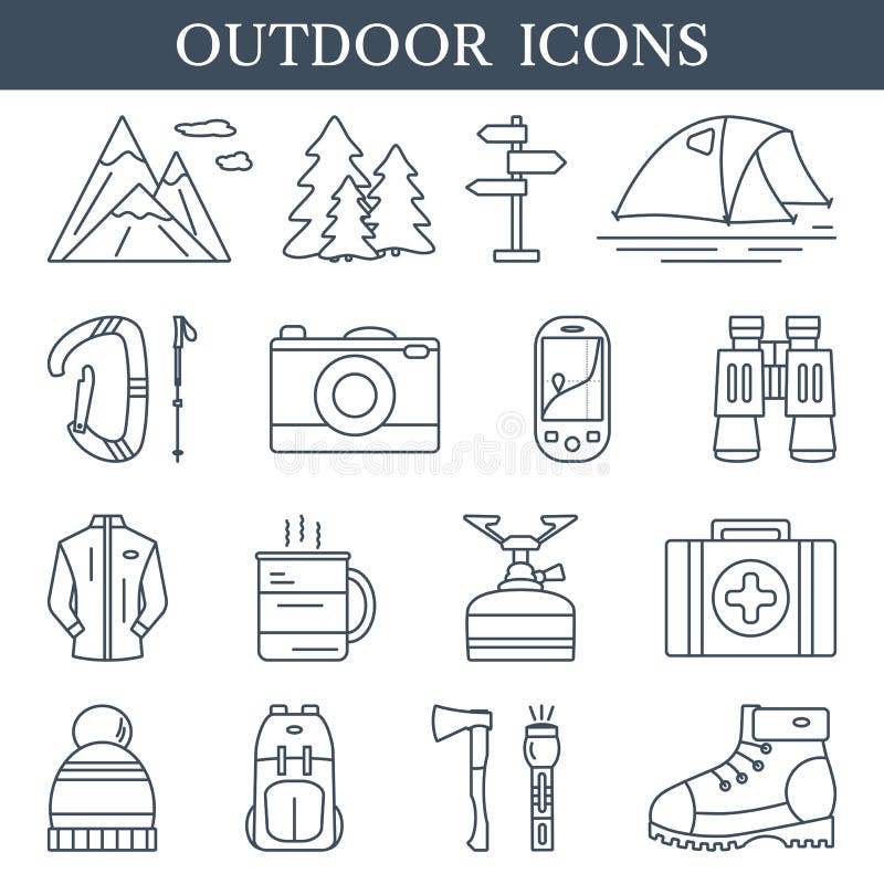 Trekking och utomhus- linjära symboler Uppsättning av fotvandra och campa översiktssymboler vektor illustrationer Trekking och utomhus- linjära symboler Uppsättning av fotvandra och campa översiktssymboler vektor illustrationer