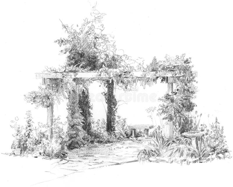 A pencil drawing of a garden patio with trellis and vines. A pencil drawing of a garden patio with trellis and vines.