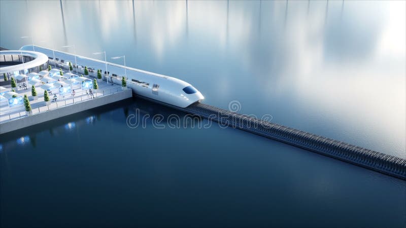 Trem futurista do monotrilho de Speedly Estação de Sci fi Conceito do futuro Povos e robôs Água e energias eólicas