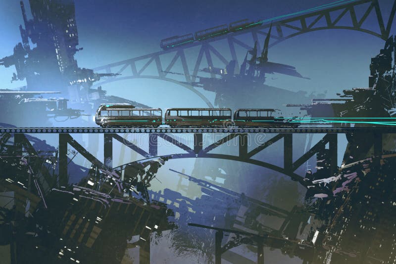 Trem futurista na estrada de ferro e ponte na cidade abandonada