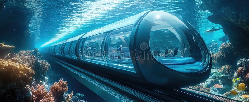 Trem futurista submarino viajando através de corais vibrantes com água cristalina e vida marinha diversificada ilustração royalty free