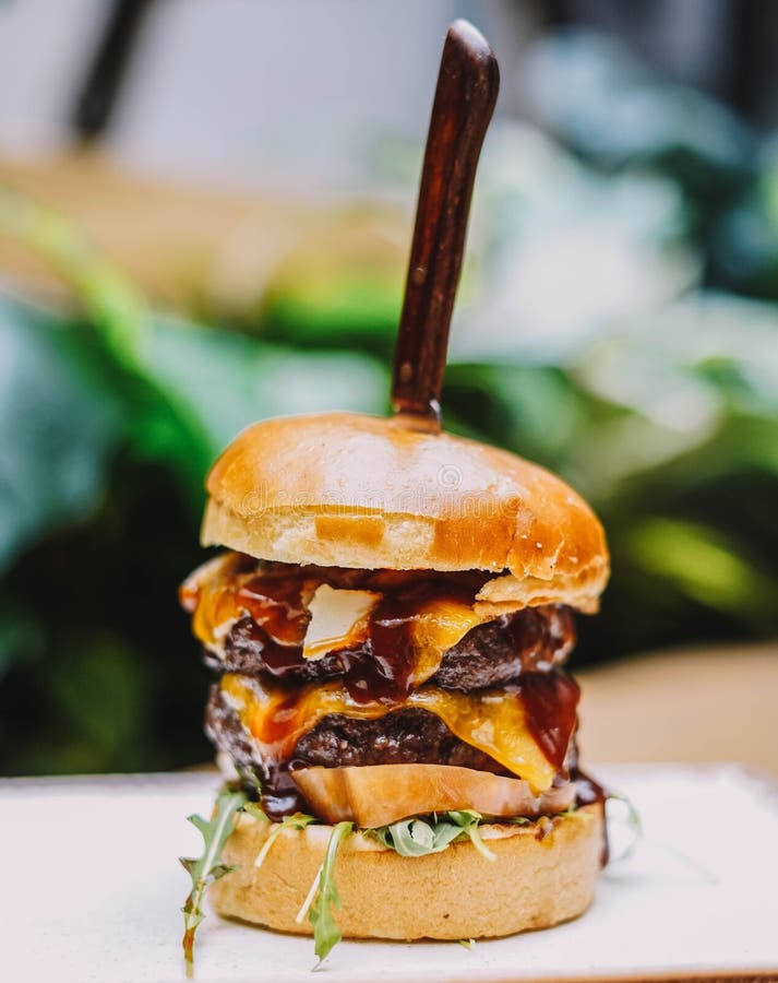 Tremendous Double Burger with Extra Cheddar Cheese Stock Photo Image