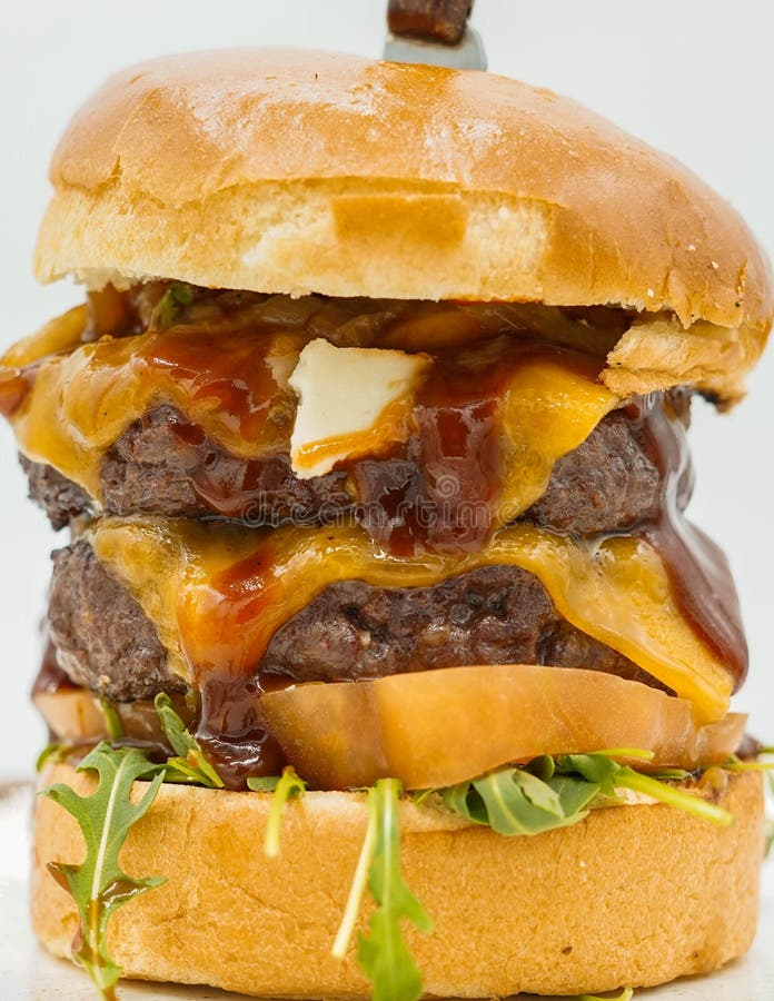 Tremendous Double Burger with Extra Cheddar Cheese Stock Image Image