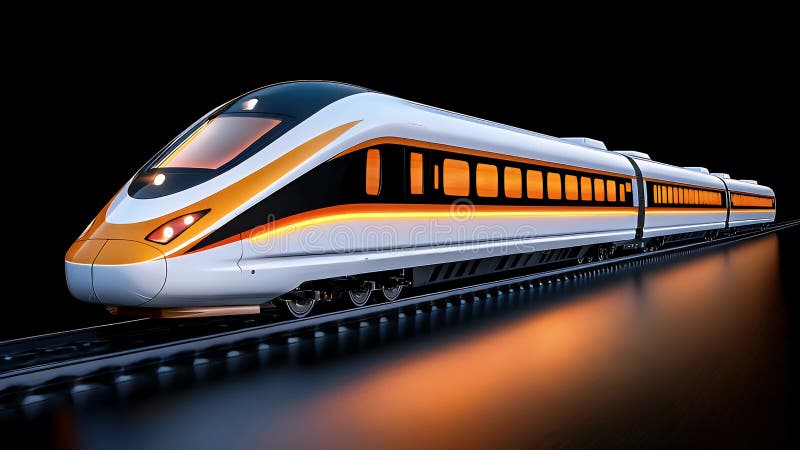 Tren De Alta Velocidad En Blanco Y Naranja Leve Por La Noche stock de ilustración