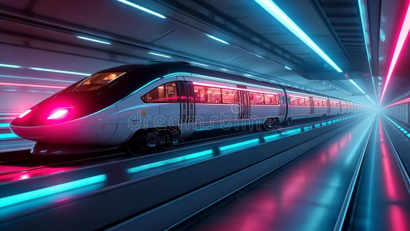 Tren de alta velocidad en el túnel de Neon ilustración del vector
