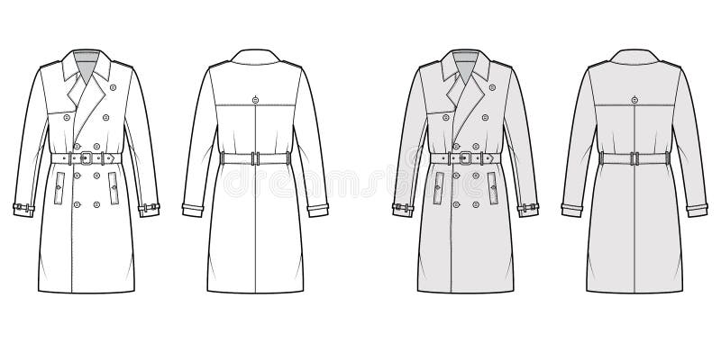 Trench Coat Technical Fashion Illustration with Belt, Double Breasted ...