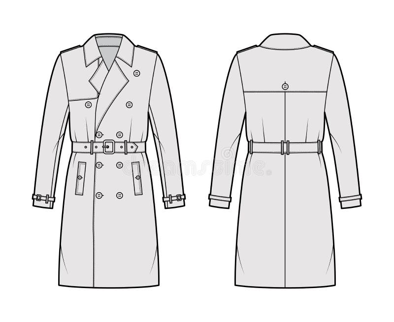 Trench Coat Technical Fashion Illustration with Belt, Double Breasted ...