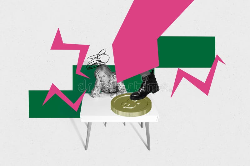 Trend artwork sketch design montage 3D collage of aged woman sit table boots foot step coins dollars crisis savings cash royalty free stock photo
