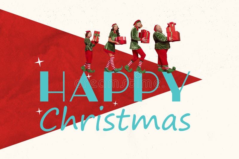 Trend Composite Sketch Template 3d Foto Collage glückliche Weihnachten Postcard Winter Feiertage Team Elf Spaziergang lizenzfreies stockfoto