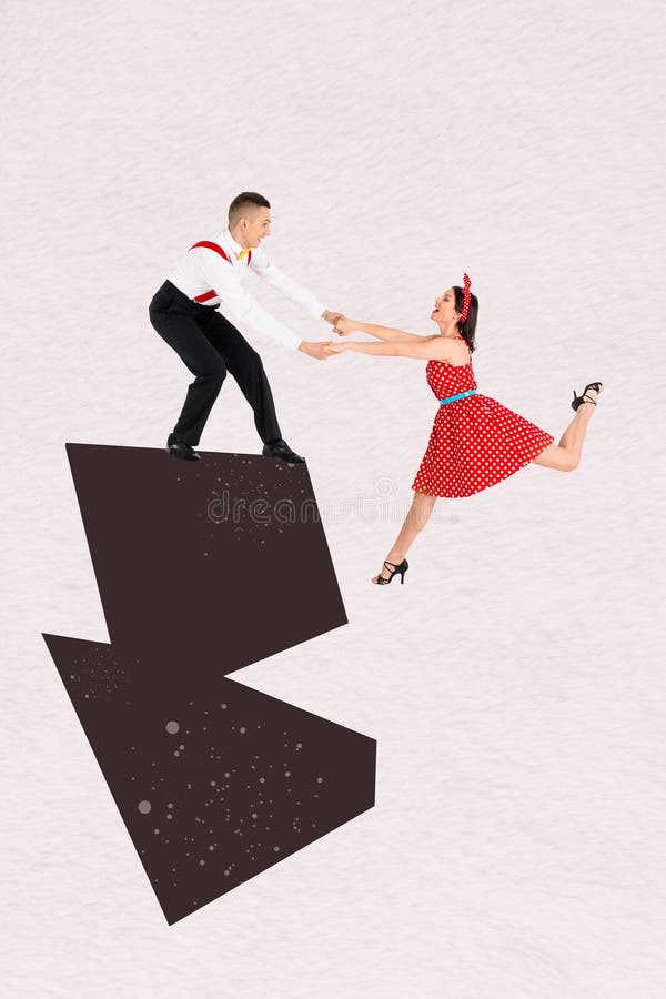 Trend Template sketch design 3D fotocollage of young man hold hand Lady pulsion rhythm studio elegance modern royaltyfri illustrationer