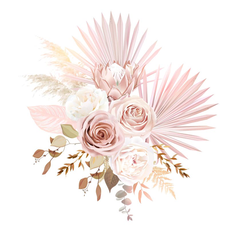 Trendig torkad palmblast, rosa rosenbleka rosenvita ranunculus