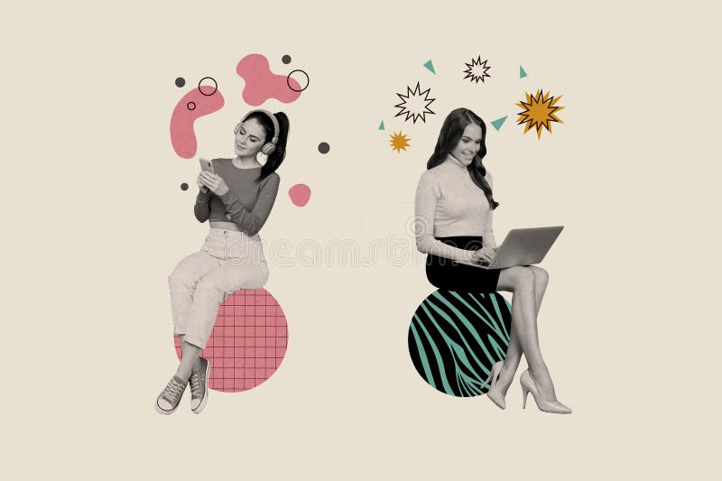 Trend artwork composite sketch 3D collage of two young ladies sit on circles use phone laptop coworking in office together colleagues. Trend artwork composite sketch 3D collage of two young ladies sit on circles use phone laptop coworking in office together colleagues.
