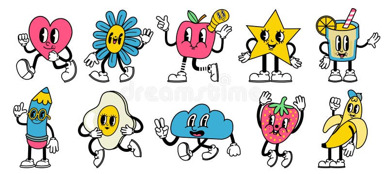 Trendy abstract cartoon characters in retro animation style. Bright comic heart, star, apple and pencil mascots with