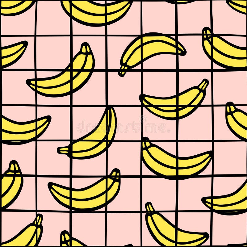 Trendy checkered grid and banana seamless pattern. Black hand drawn lines on pink background