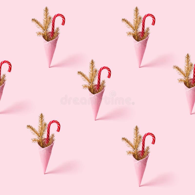 Trendy Christmas seamless pattern made with ice cream cone and candy cane. Texture with isometric elements